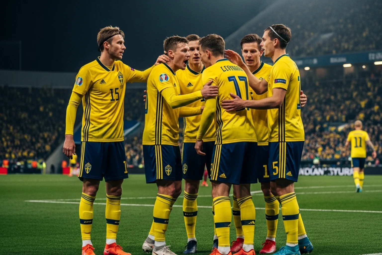 Svenska fotbollsspelare i blågula tröjor firar mål under historisk VM-match