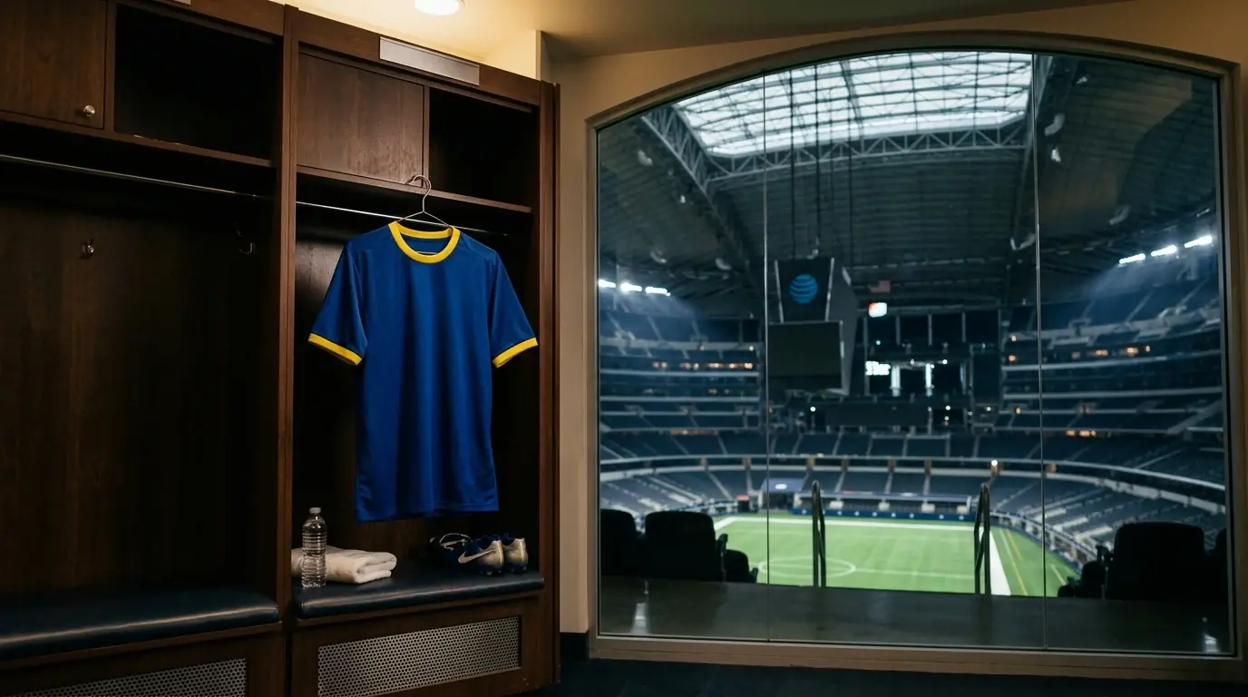 Den svenska landslagströjan på en VM-arena, blå-gul detalj och stadion-stämning i bakgrunden