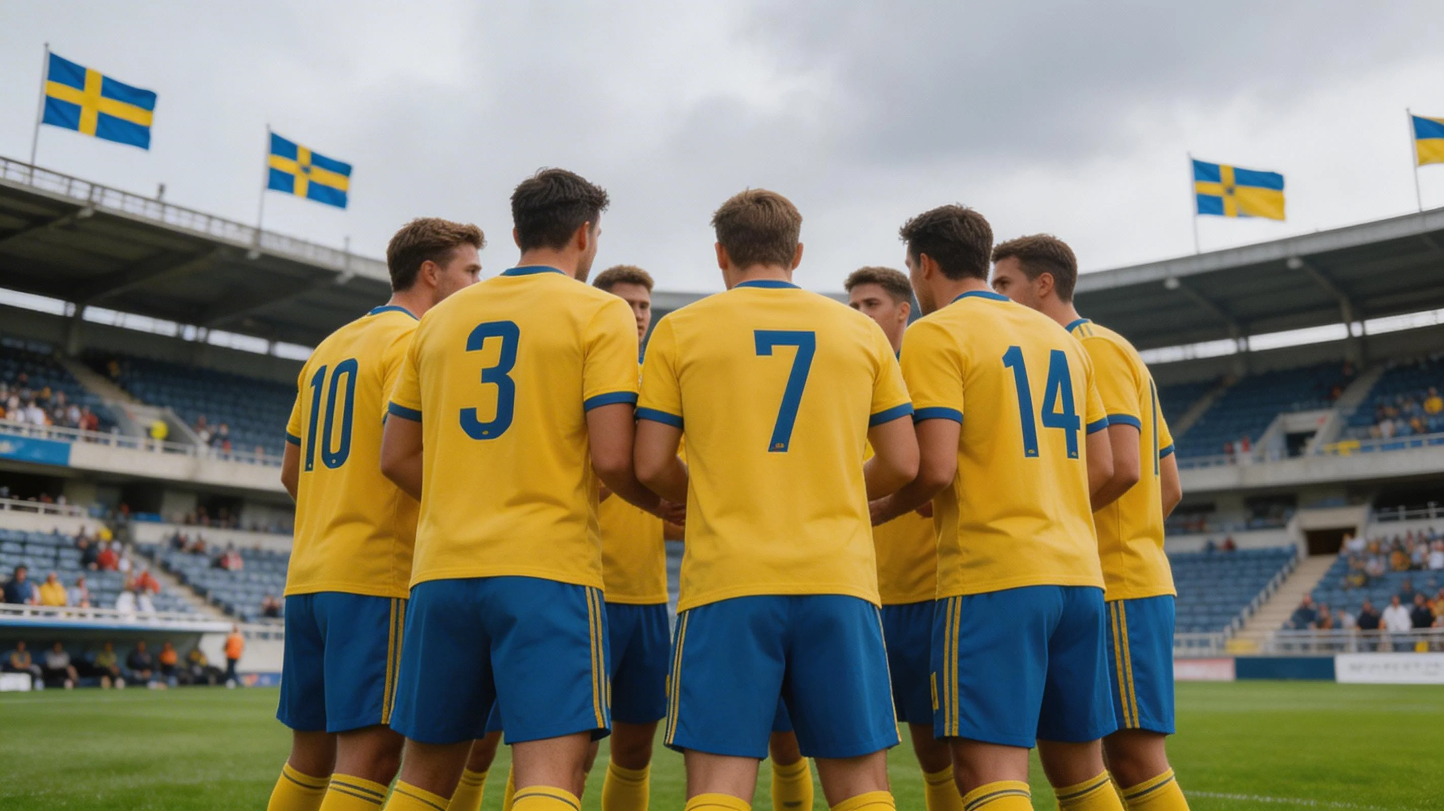 Svenska landslagets spelare i gula tröjor samlade på fotbollsplanen före en kvalmatch