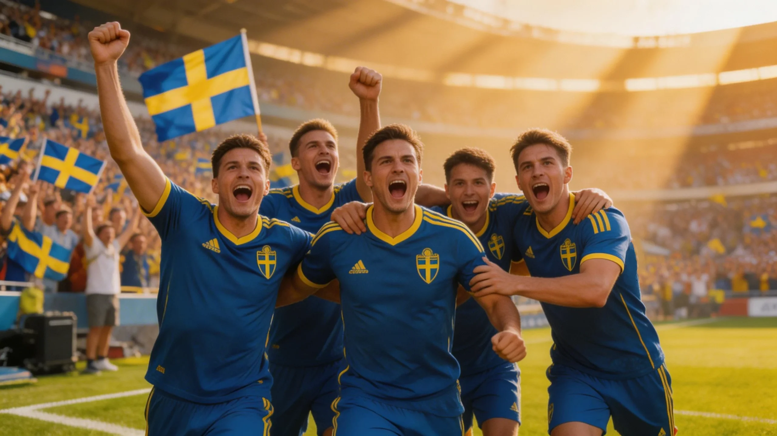 Svenska fotbollsspelare i blågula tröjor firar mål under historisk VM-match