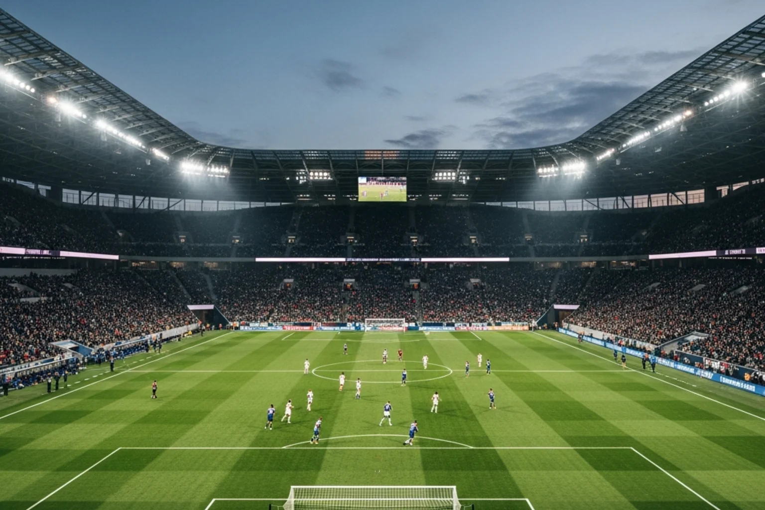 Modern fotbollsarena med fullsatt läktare under internationell match i kvällsbelysning