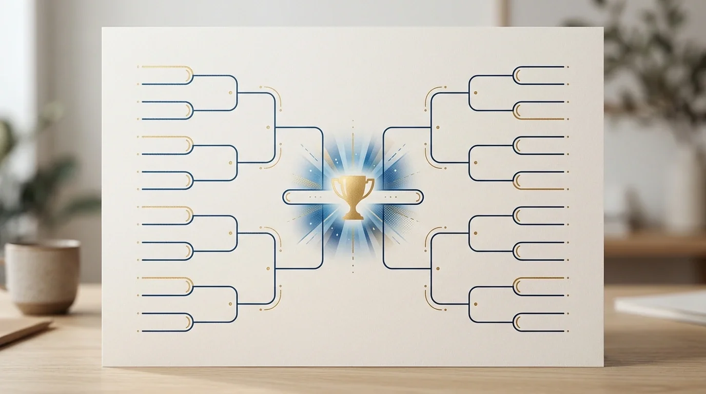 Schematisk vy av en stor VM-turnerings slutspelsträd, abstrakt och stilrent, med trofén i mitten