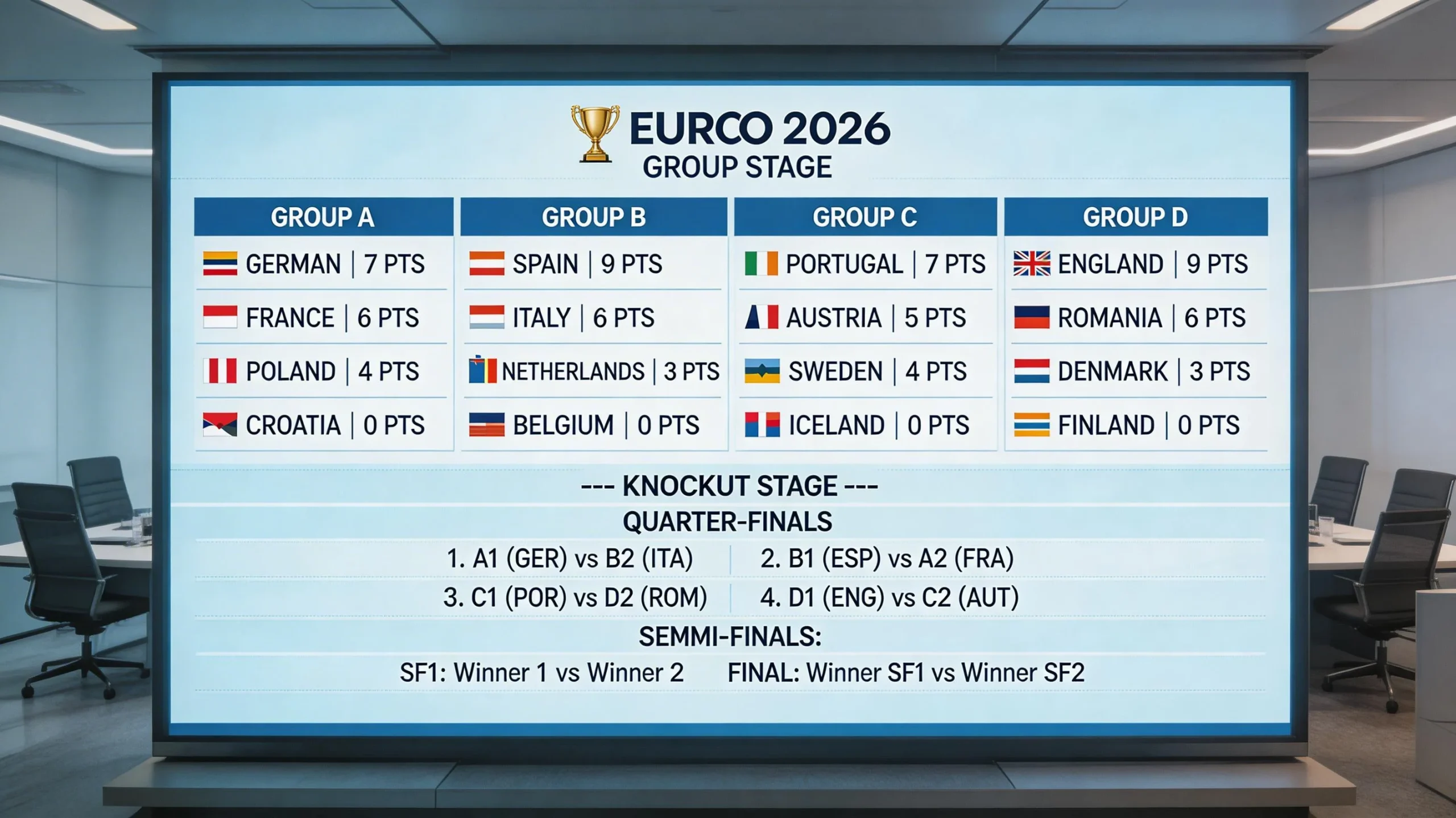 Översiktsbild av VM-turneringsbracket med gruppindelning och slutspelsträd