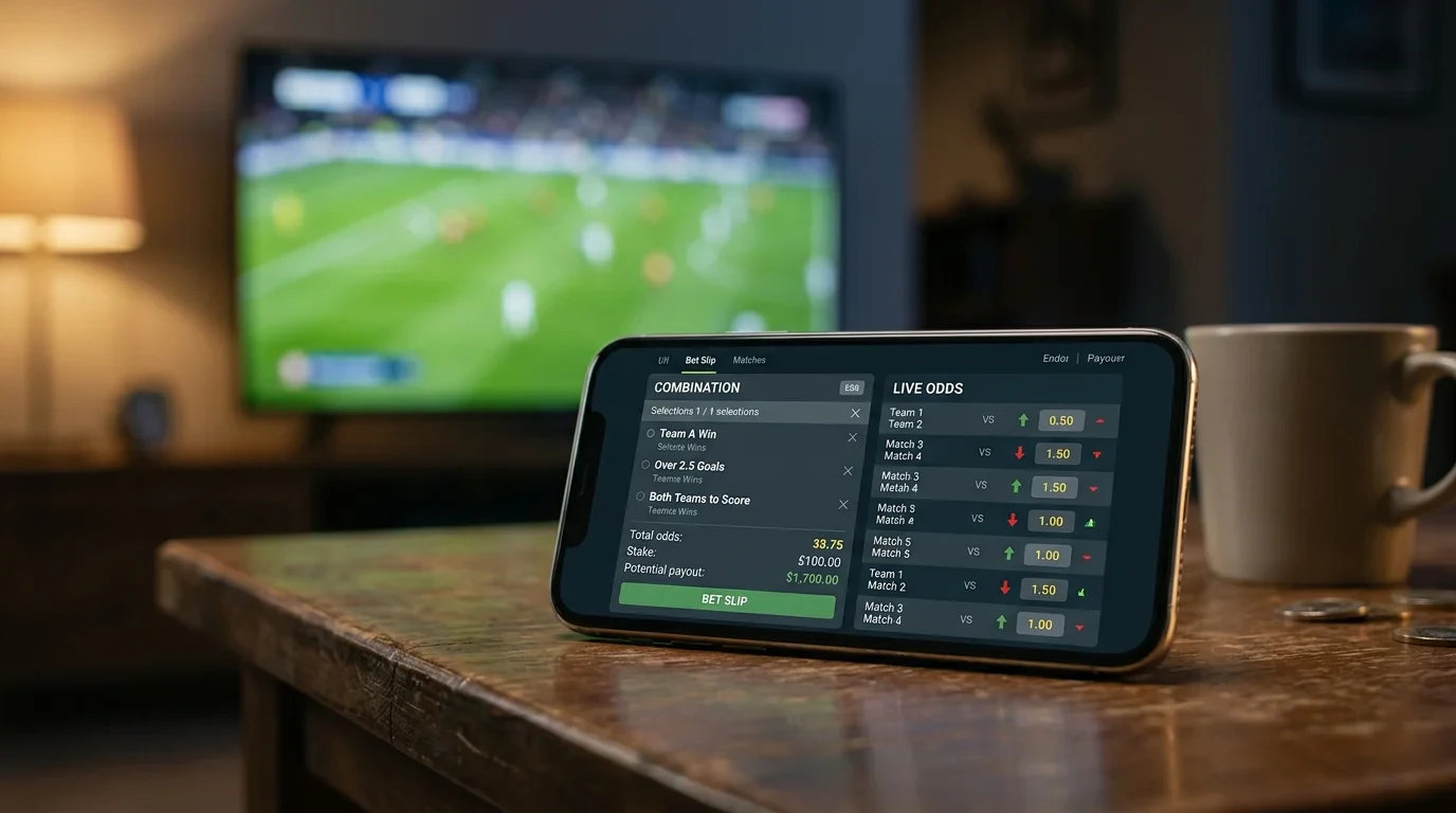 Oddstavla och mobiltelefon med spelkvitto på ett bord framför en tv som visar en fotbollsfinal