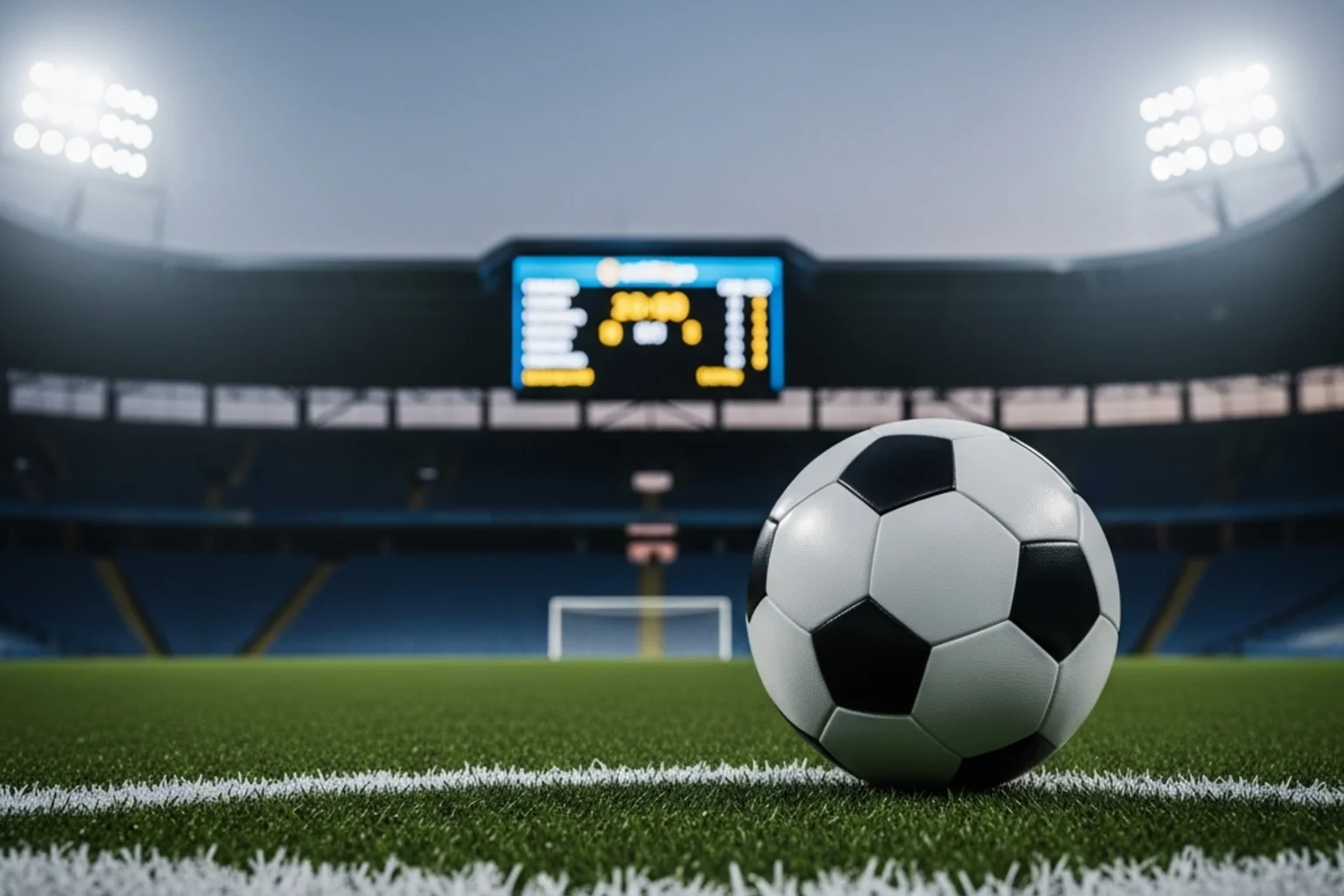 Fotboll på gräsplan med statistiktavla och oddsvisning i bakgrunden under kvällsmatch