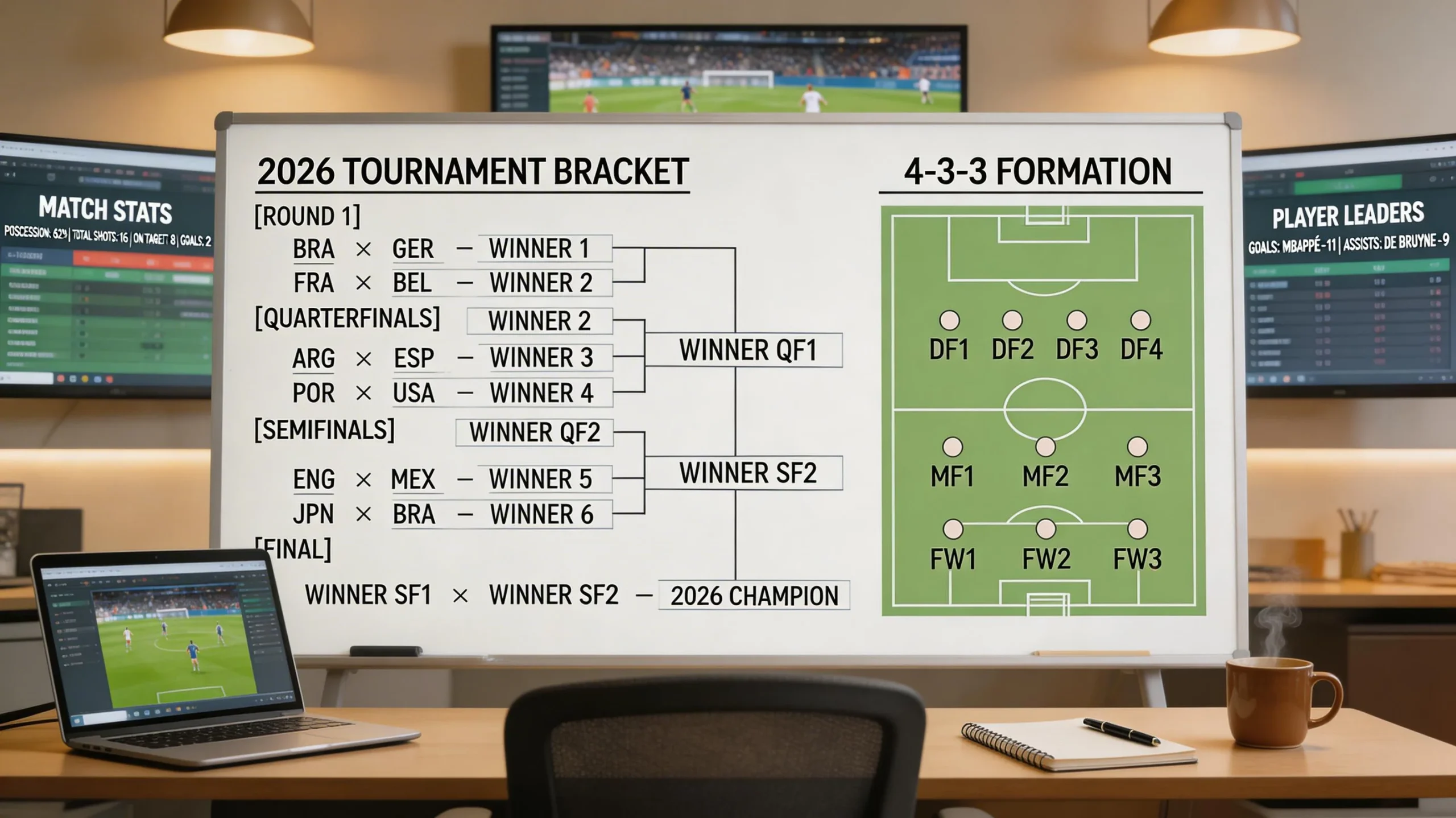 Fotbollsanalytiker studerar taktiktavla med VM-turneringsbracket och prognosdata