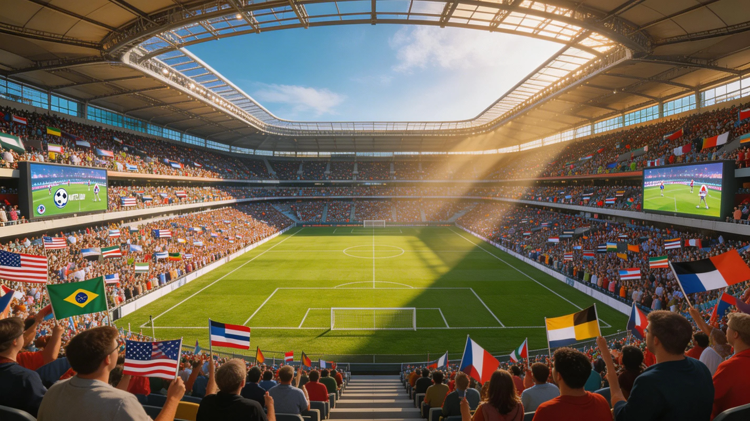 Panoramabild av en fullsatt fotbollsarena inför en VM-match med flaggor från flera länder