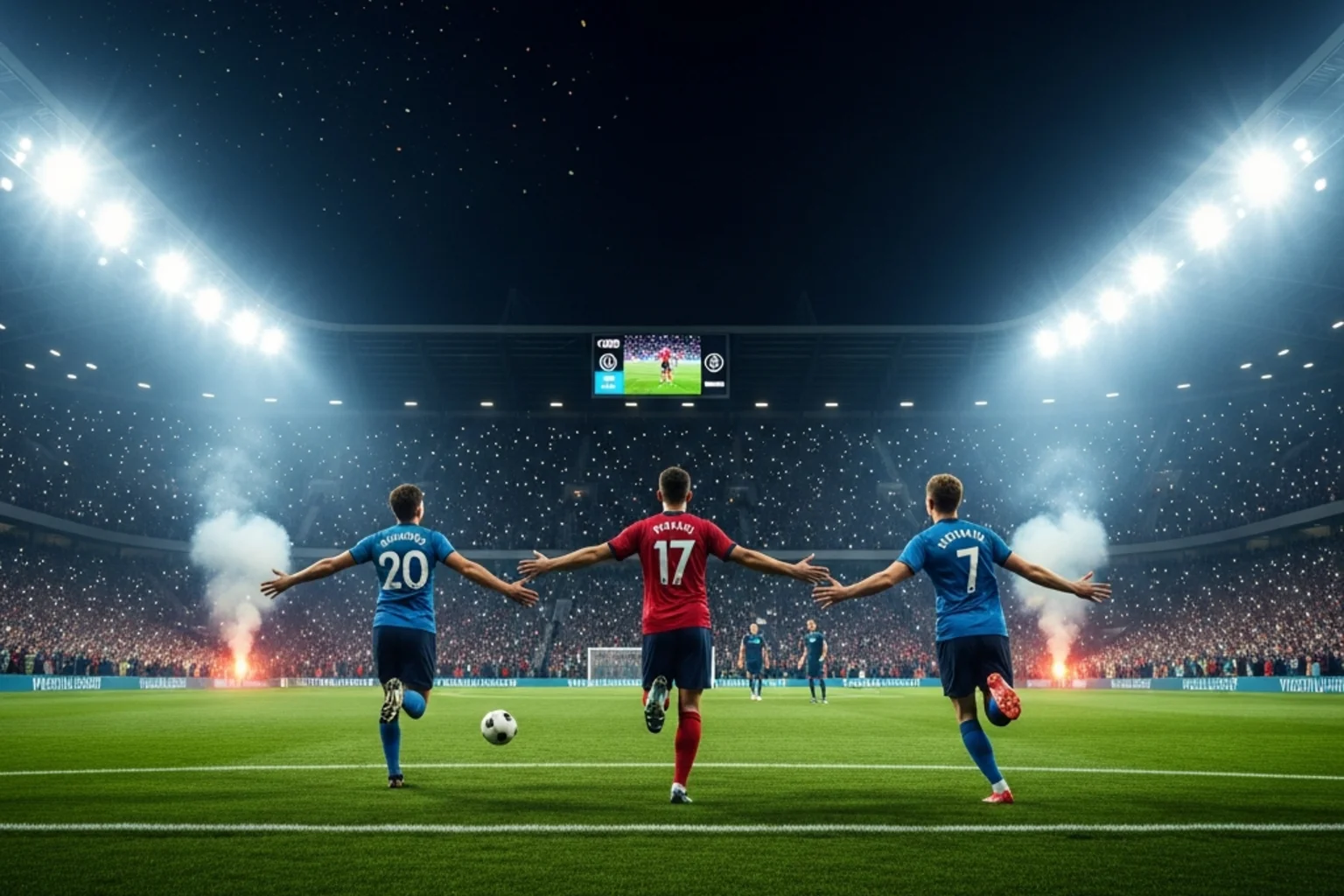 Fotbollsspelare firar ett mål under en storslagen kvällsmatch på en upplyst arena