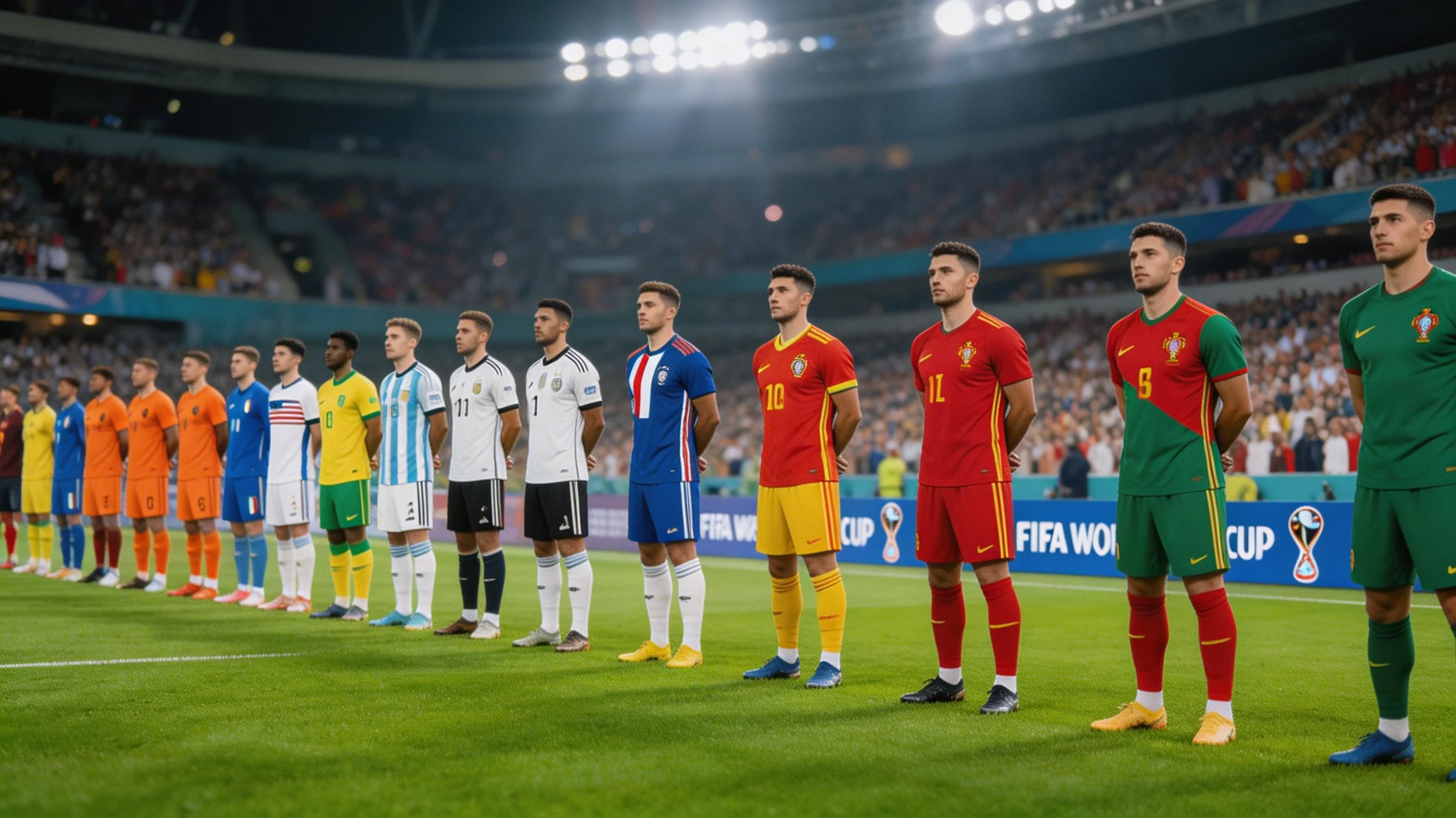 Fotbollsspelare från olika landslag uppställda före en VM-gruppmatch