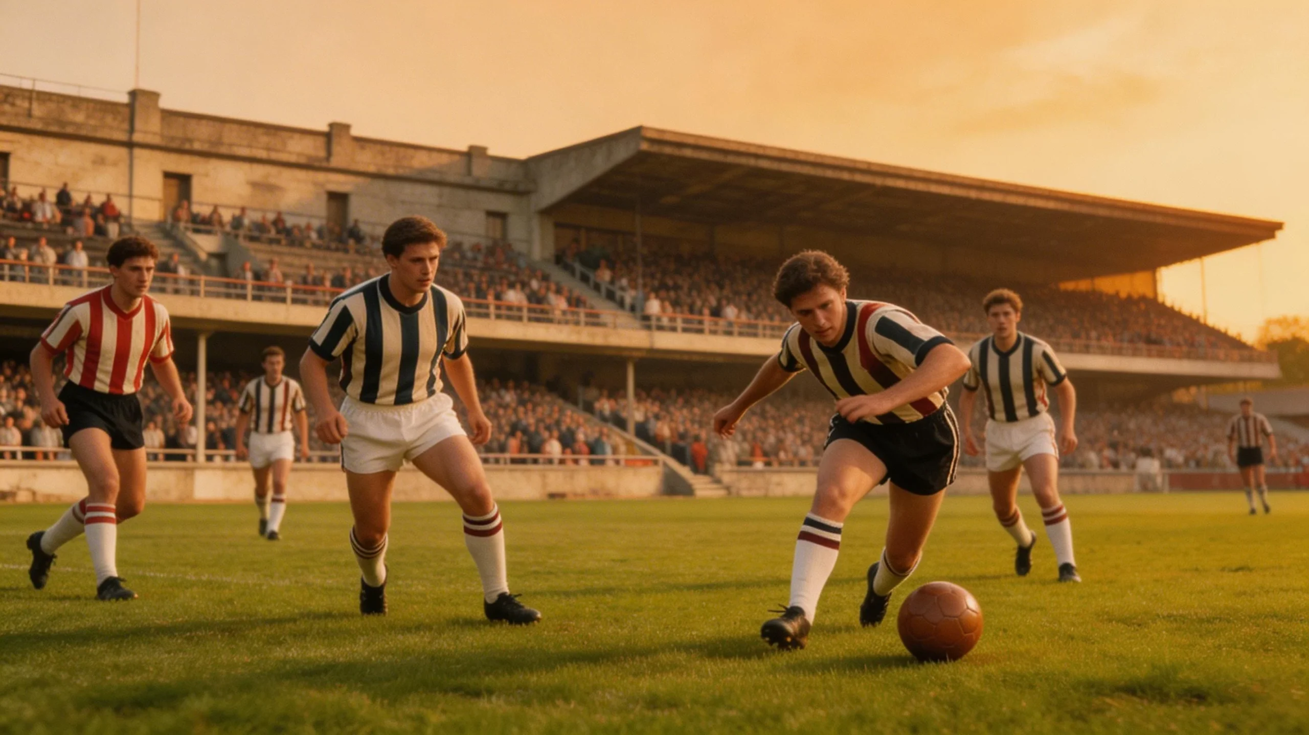 Historisk fotbollsmatch med fullsatta läktare och spelmoment från klassisk VM-turnering